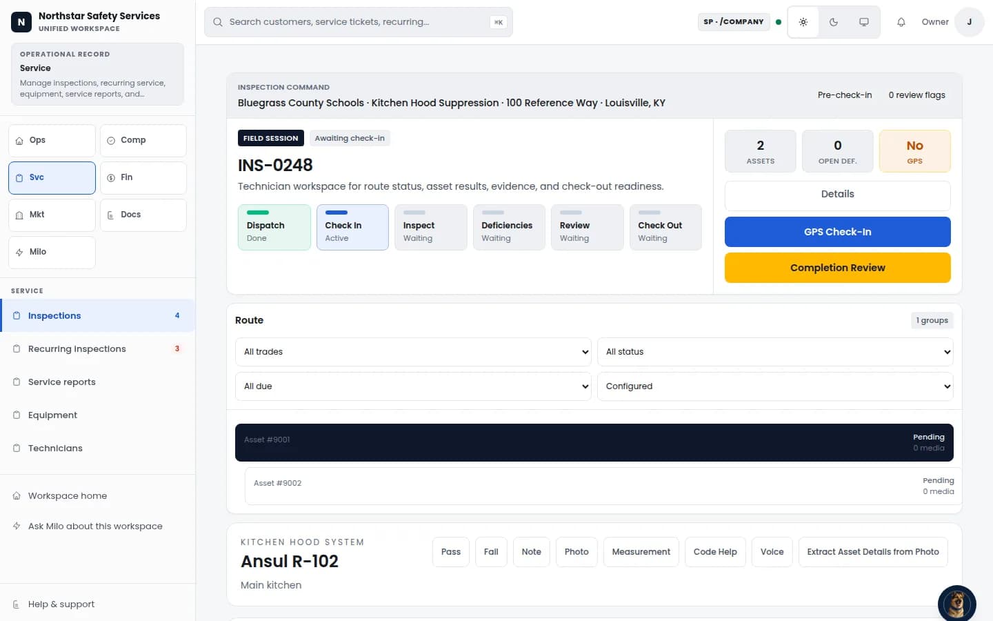 Sanitized Guspora inspection execution workspace showing check-in, inspection, deficiency, review, and checkout stages