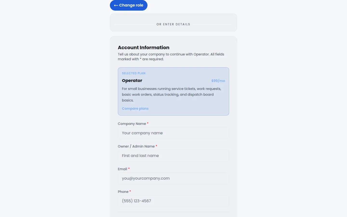 Sanitized Guspora plan-aware signup showing the selected Operator plan above labeled account fields